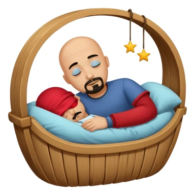 a bald, tan man who has a black goatee sleeping in a cradle sticker