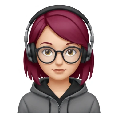 white girl with burgundy hair, gray glasses, black deportive hoodie and black headphones sticker