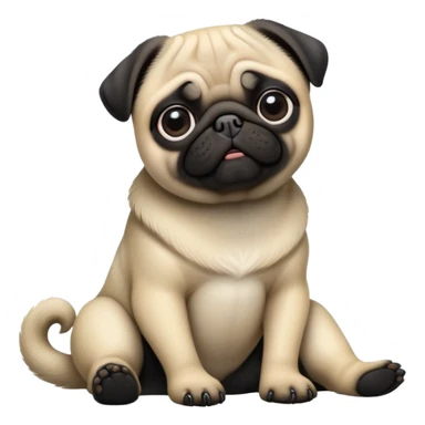 cinematic-[pug]-realistic-full-body-sitting-emoji,-tail-resting-loosely-beside-its-paws,-head-tilted-dramatically, -sleek-[black]-fur,-simplified-yet-realistic-focused-features,-highly-detailed,-glowing-with-an-almost-sarcastic-glow sticker