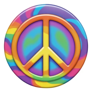 A round psychedelic colored button with the word “peace” in the center sticker