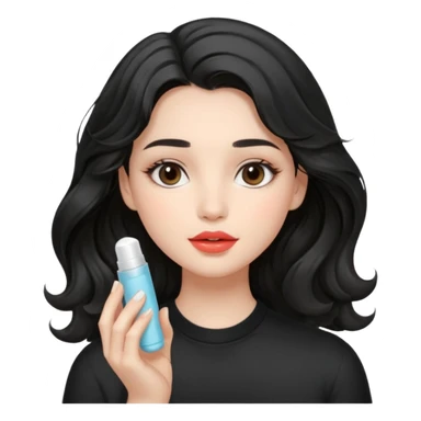 “Girl with light-black wavy hair, soft and flowing. She holds a asthetic lip balm just near her lips, about to apply it. The lip balm gives her lips a subtle glossy shine, making them look smooth, hydrated, and naturally prettyy sticker