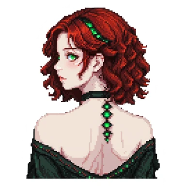 girl with green eyes, white skin, wavy black hair, red hair at the back of her neck sticker