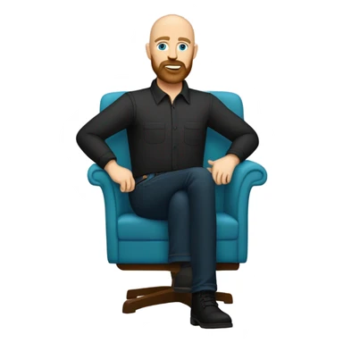 Bald, Caucasian, sky-blue-eyed, Psychotherapist in a modern colorful chair. He has a brown full beard and he’s Wearing a black dress shirt with a subtle pattern, blue jeans and black Chelsea boots with his legs separted leaning forward  sticker