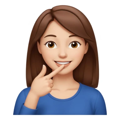 una mujer con un dedo en boca sonriendo y lps ojos en forma medio cerrados creando una curva de sonrisa pelo castaño sticker