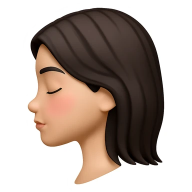 Create a side profile view of this girl's head in Apple emoji style with eyes closed and a slight blush. The image should have a 3D look with soft shading and a transparent background, capturing the essence of Apple style emojis. sticker