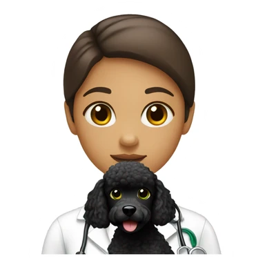 girl veterinarian with brown hears and green eyes. With she has a black poodle sticker