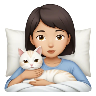 Short hair Asian girl wake up with white cat  sticker