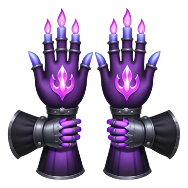 A Discord emoji of a pair of black armored gauntlets holding a flickering violet flame. The hands are positioned as if offering a gift. Dark gothic fantasy, glowing magical effects, high contrast, 2D vector style, white background. sticker