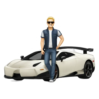 man with sunglasses and mortaboard stepping out of Supercar pointing towards us with smile sticker