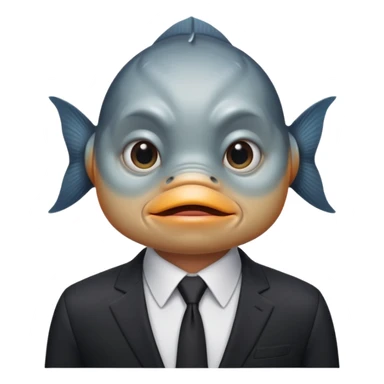 A fish man dressed in a black suit. Its face is grey fish. Just a fish. And The fish is facing upward. The fish’s neck connects smoothly with the collar of the suit. sticker