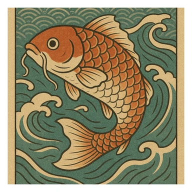 ukiyo-e style illustration of a koi fish swimming sticker