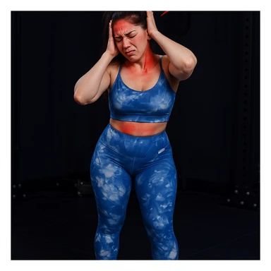 Realistic style edit of the same girl identical to the photo with one hand on the nape and one on the temple, expression of intense pain. Pain symbols like redness and lightning on neck and head. sticker