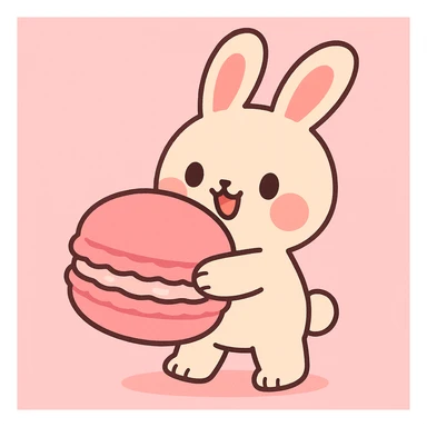 chibi bunny holding a giant macaron, soft pink background, pastel dessert theme, adorable illustration sticker
