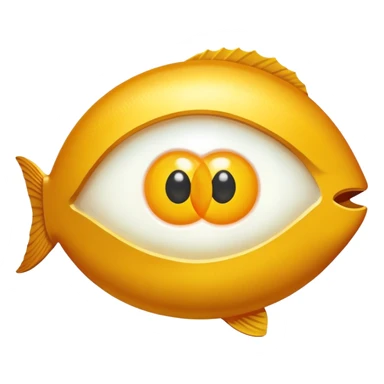 Golden liver, egg yolk, and fish floating around an eye sticker