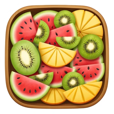 square box filled with watermelon, strawberry, mango, kiwi, orange, cantaloupe, and pineapple slices arranged like a fruit platter sticker