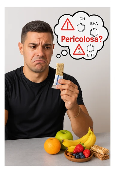 un uomo in abbigliamento sportivo tiene in mano una barretta proteica, osservandola con un’espressione scettica e preoccupata. Sopra la barretta, una nuvoletta di pensiero mostra simboli di allarme, ingredienti chimici e la scritta “Pericolosa?” in rosso. Sullo sfondo, frutta fresca e altri snack naturali sono visibili sul tavolo, sottolineando la sua preferenza per alternative più sane. sticker