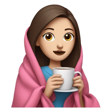 Woman with pale skin, blue eyes, and dark brown here drinking coffee while wrapped in a pink blanket sticker