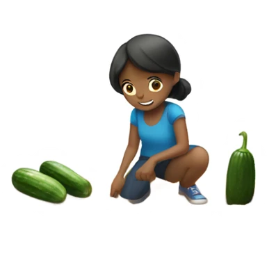 Girl picking up dirt from the floor with a cucumber sticker