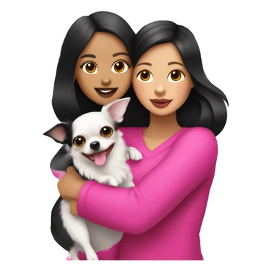 Thick medium black hair with hot pink lips and pink cheek smiling Filipino lady hugging black and white Chihuahua  sticker