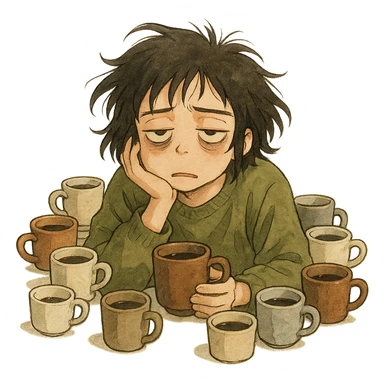 ghibli style illustration of someone surrounded by coffee cups, looking extremely tired sticker
