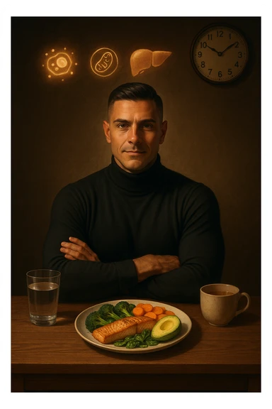 A realistic, cinematic illustration of a healthy, fit man in his early 30s with a calm, disciplined expression, sitting at a clean wooden table in the evening with a single, balanced, nutrient-dense meal in front of him (grilled salmon, colorful vegetables, avocado). The rest of the day he drinks only water and herbal tea, visible in a glass and a simple cup on the side. A wall clock in the background shows 6:00 PM, emphasizing that this is his only meal of the day (OMAD). Subtle glowing icons above him display a regenerating cell, mitochondria, and a liver symbol, representing autophagy, longevity, and health benefits of OMAD. The lighting is warm, with cinematic shadows and natural tones, creating a sense of discipline, mental clarity, and health optimization. The man looks centered and content, showing that OMAD is a conscious choice for energy and regeneration, not restrizione. The scene is realistic with slight film grain for depth sticker