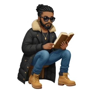 African American man with shoulder length black dreadlocks with black beard wearing black sunglasses wearing a black bubble winter coat wearing denim skinny jeans wearing wheat timberland boots reading the bible sticker