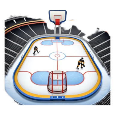 An icon showing a hockey stick, puck, skates, and goalposts on the ice. The background features a large hockey stadium with cheering fans, bright lights, and a snowy landscape visible through the arena. sticker