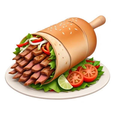 Cinematic Realistic Doner Kebab Dish Emoji, showcasing succulent, spiced meat shaved from a rotating spit rendered with lifelike detail and dynamic, appetizing lighting. sticker
