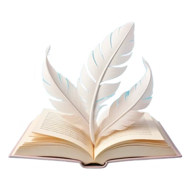 Create a delicate and poetic emoji representing poetry. The design should feature several elegantly flying pages with short poetic columns written on them. The pages should appear light and flowing, almost as if being carried by the wind. Include a white feather gently resting on the pages, symbolizing creativity and inspiration. Use soft, pastel tones to give it a dreamy, artistic feel. The design should feel ethereal and whimsical, capturing the essence of poetry. Make the background transparent. sticker