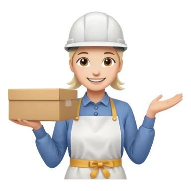 Tengo que dar una capacitacion de orgonomia, necesito un emoji de un operario con casco blanco y delantal blanco de manga larga que levante una caja cerrada con las dos manos a la altura de los hombros sticker