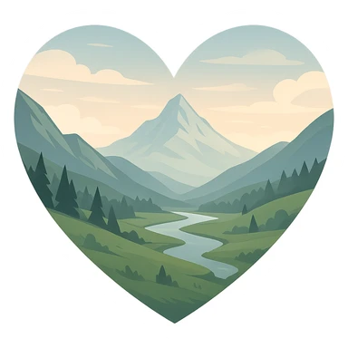 heart with a serene mountain valley, clean digital illustration sticker