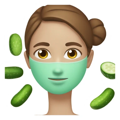 Girl with freackles Brown hair white skin Tone and blue eyes wears Green skin care mask while She relaxes and cucumber on her closed eyes sticker