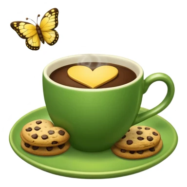 A green coffee cup, steaming in a heart shape, has a yellow butterfly print on it. The cup sits on a green saucer surrounded by cookies. sticker