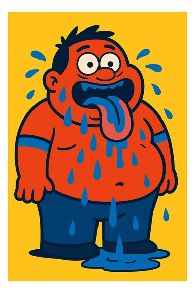 Make the fat man drool all over the ground in vibrant toon style, keeping the same look as the original image. sticker