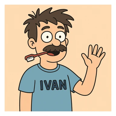 A boy brown mustache Toothbrush Bed Head hair blue ok t-shirt Ivan say hello sticker