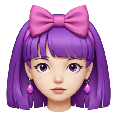 girl with bangs and purple hair and pink hairbow on the side of head and earrings sticker