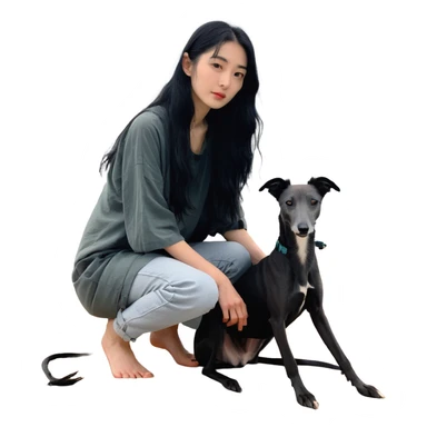A very beautiful and attractive 25-year-old Japanese woman with long flowing black hair and a SOLID DARK GREY whippet sitting together on a beach during a beautiful sunset. The whippet MUST be COMPLETELY SOLID DARK GREY with ABSOLUTELY NO WHITE MARKINGS ANYWHERE - no white chest, no white face, no white paws, no white tip on tail - ENTIRELY ONE SOLID DARK GREY COLOR throughout the entire dog. Orange and red sunset sky over the ocean, sandy beach in the foreground. sticker