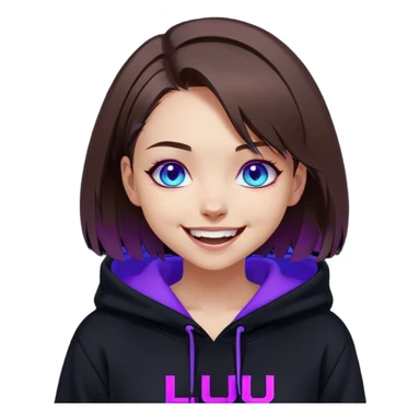 brown haired girl with a bob and blue eyes wearing black hoody with violet letters "Lu", laughs. Cyberpunk style. Violet neon. sticker