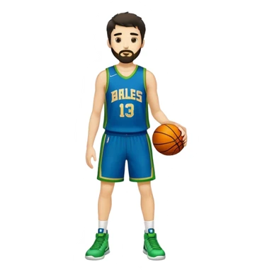 Full Body  white male basketball player with short shaggy dark hair and gold tee beard wearing blue and green uniform sticker