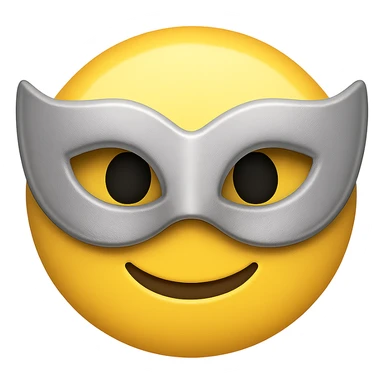 yellow face with silver masquerade mask, digital illustration, emoji style, no background sticker