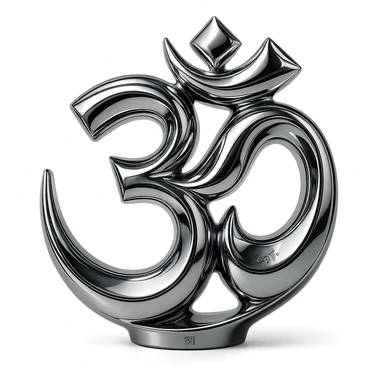 abstract chrome Om symbol with swirling metallic forms and a luminous effect sticker