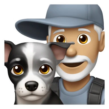 blue eyed gray haired gray goatee man in ball cap holding a black longhair chihuahua  sticker