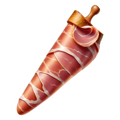Jamón Serrano Cinematic Realistic Jamón Serrano Dish Emoji, depicted as a prominent leg of cured ham with visible marbling, rendered with rich textures and dynamic, appetizing lighting. sticker