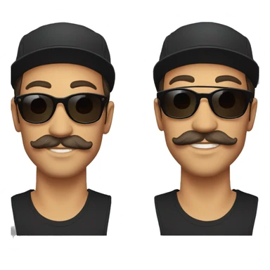 guy with long hair and a mustache and a black bucket hat and black sunglasses with mirrored orange lenses sticker