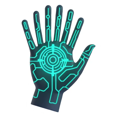abstract AI symbol autonomous agent, glowing core, circuit patterns, floating above a hand, techy and modern sticker