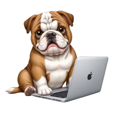 English bulldog sitting with a laptop sticker