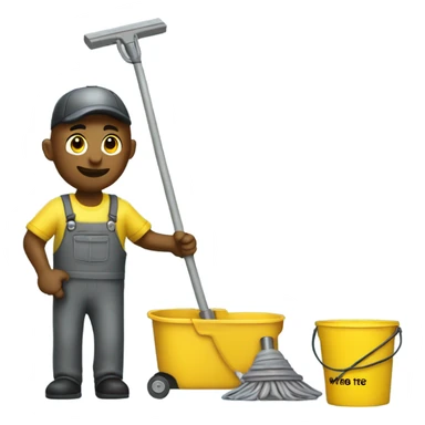 janitor with yellow bucket on wheels and mop sticker