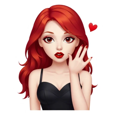 a pretty woman with long red hair and red eyes. The woman wear a black little cutted dress. She have red lipstick and she have a seductive look. She do a kiss. Very cute graphics sticker
