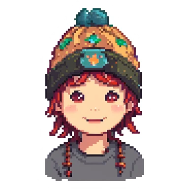 Transform this character into pixel art style, streamer wearing a Kaytan beanie, joyful expression, transparent background, keep the facial resemblance from the photo. sticker