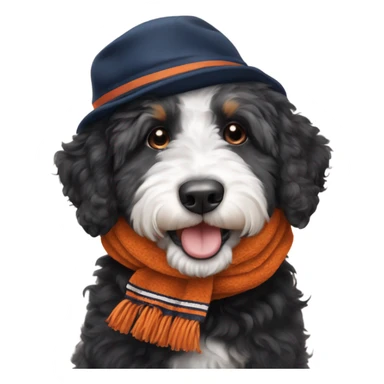 Bernedoodle with chicago bears hat and scarf sticker